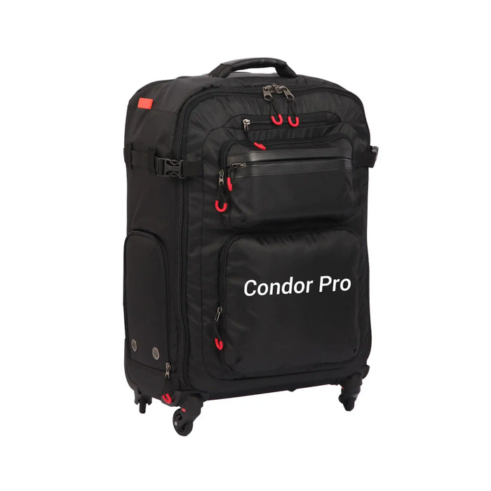 A black Condor Pro rolling suitcase with multiple zippered compartments, top handle, and spinner wheels, shown on a plain white background.