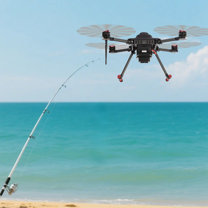 A black quadcopter drone hovering over a beach with the ocean in the background, holding a fishing rod extended downward. The drone has red accents on its landing legs and propeller guards.