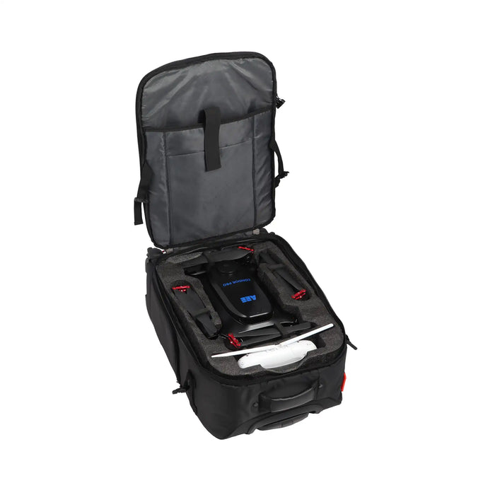 An open black soft-sided drone backpack carrying case, shown on a white background. Inside the padded compartment is a black quadcopter drone with red accents, a white propeller, and a blue AEE Condor PRO Logo.