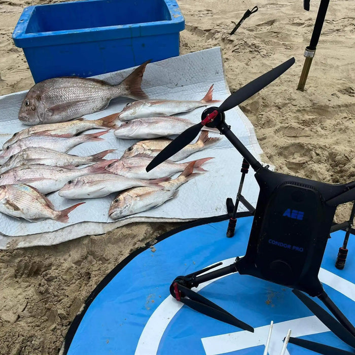 A black AEE Condor Pro Fishing Drone with red accents is shown on a sandy beach next to several caught Snapper fish laid out on a white towel and a blue landing pad. A blue storage bin is visible in the background.