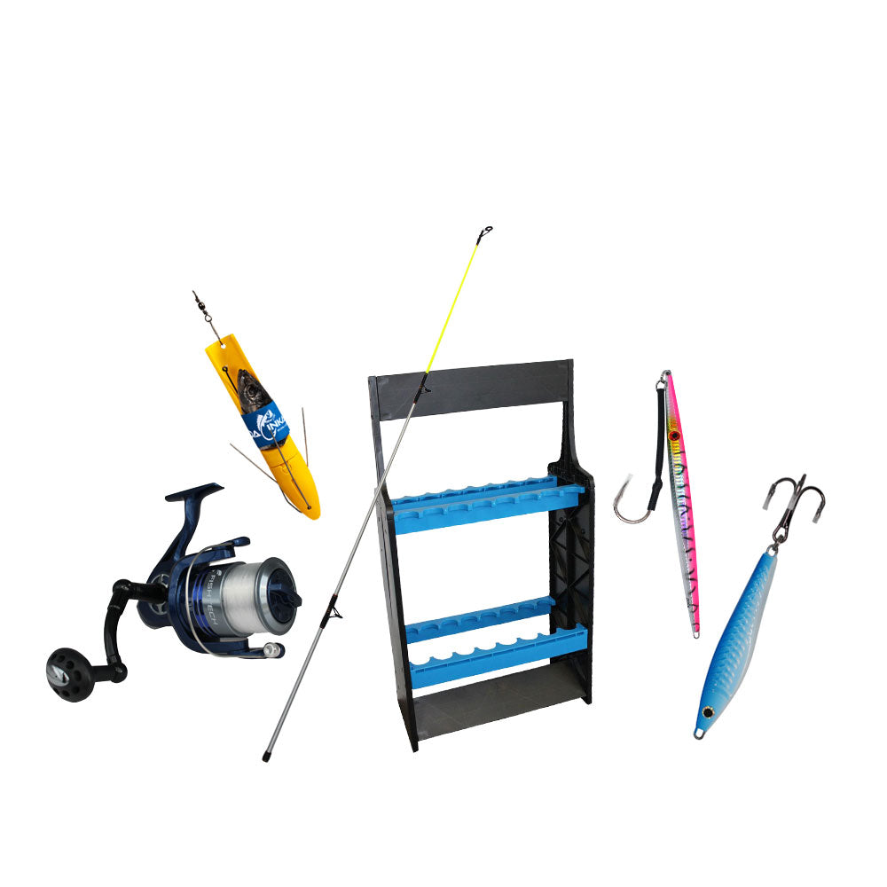 Collection of fishing equipment including a rod, reel, and lures on a white background