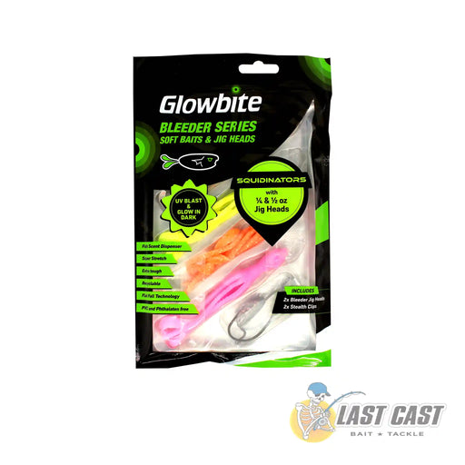 Glowbite Bleeder Series Soft Baits and Jig Heads Squidinator in Packaging