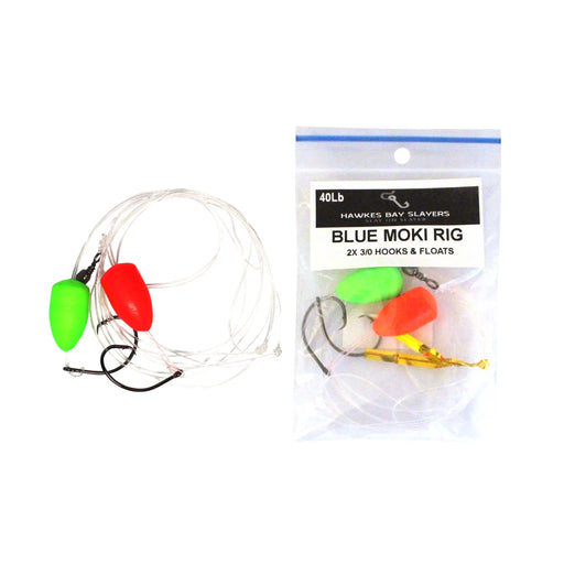 A fishing rig set shown on a white background, with the unrolled rig on the left and its branded plastic package on the right. The rig includes two bright colored floats (one neon green, one bright red) attached to clear lines with black hooks.