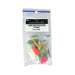 A clear plastic zip-top bag containing fishing lures, with a white printed label reading Hawkins Bay Slayers Long Cast Pulley Rig 2x Traces. The lures inside include gold metal hooks and bright pink, green, and white floats, photographed on a plain white background.