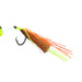 A close-up of a fishing lure with a black hook, neon yellow-green bead head, and a skirt made of orange, red, and neon yellow strands on a white background.