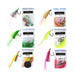 Six packaged fishing lures arranged in a 3-by-2 grid on a white background, each shown with its clear plastic bag and hook. The lures are in bright neon colors including pink, green, yellow, orange, and red, with some featuring glittery or metallic finishes.