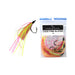 A fishing lure shown beside its retail bag. The lure has a black hook with a skirt made of bright pink, neon yellow, and tan strands.