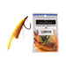 A package of Hawkins Bay Slayers Snapper Slayer Flasher Hooks 8/0 next to a single hook with a yellow, orange, and red skirt.