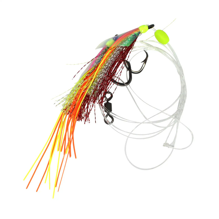 A fishing jig lure with a neon orange, yellow, and green skirt, a small white body, black treble hooks, and a clear plastic diving wire, shown on a solid white background.