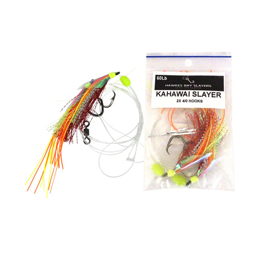 A packaged pair of fishing hooks labeled 'KAHAWAI SLAYER 2X 40 HOOKS' next to one loose hook. The hook has a clear soft body, orange and red body strands, neon yellow beads, and dark treble hooks on a white background.