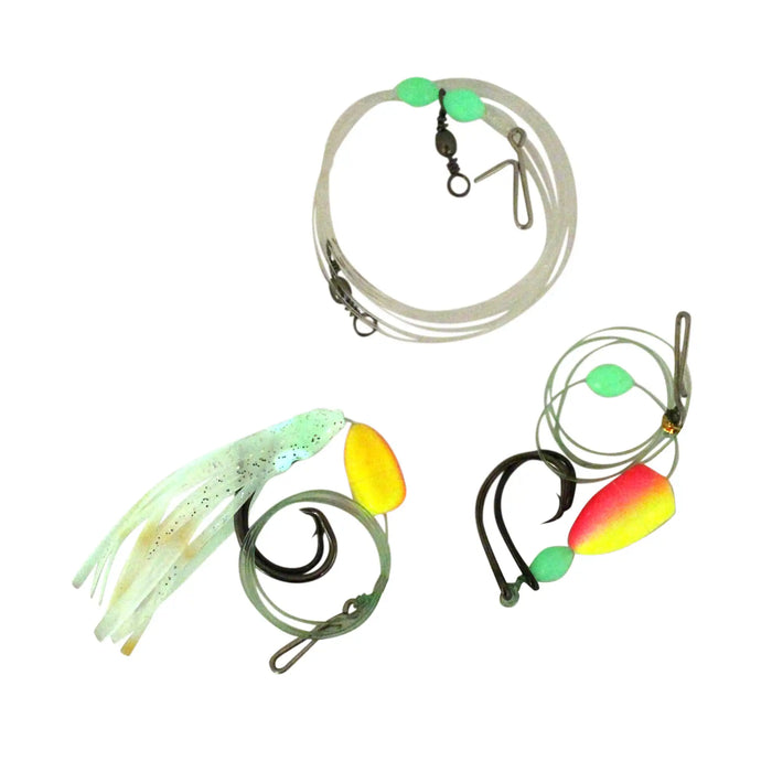 Three fishing jig lures with hooks, clear line, and bright green beads that's glowing in the dark due to the lumo colours, arranged on a plain white background
