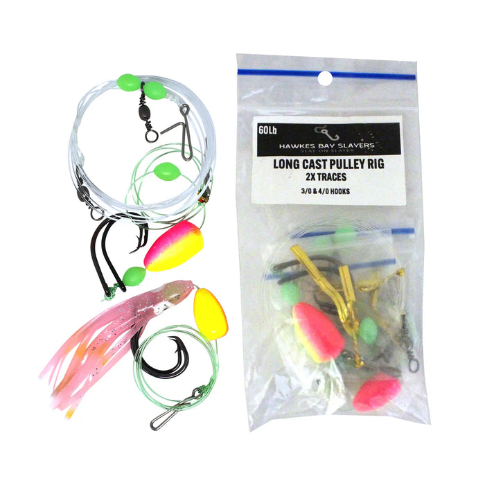 Hawkes Bay Slavers Long Cast Pulley Rig 2xTraces fishing tackle set, shown with its clear plastic retail packaging bag on a white background.