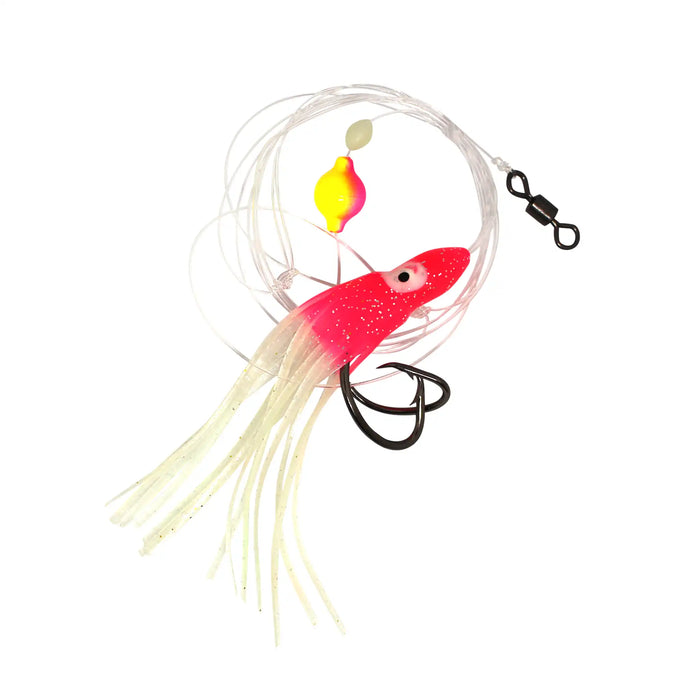 A fishing jig lure with a bright pink and red body, a yellow-and-pink bubble bubble, and a white skirt, attached to a clear wire loop with a black swivel clasp.