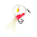 A fishing jig lure with a bright pink and red body, a yellow-and-pink bubble bubble, and a white skirt, attached to a clear wire loop with a black swivel clasp.