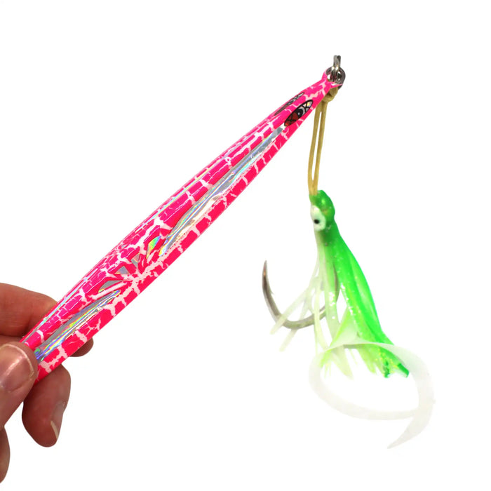 JC Jigs Electric Koheru Rattle Jigs 200g Pink Held in Hand