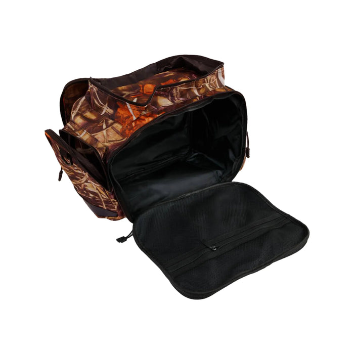Jiggle Lure Camo Fishing Tackle Hunting Bag Backpack open pockets at angle