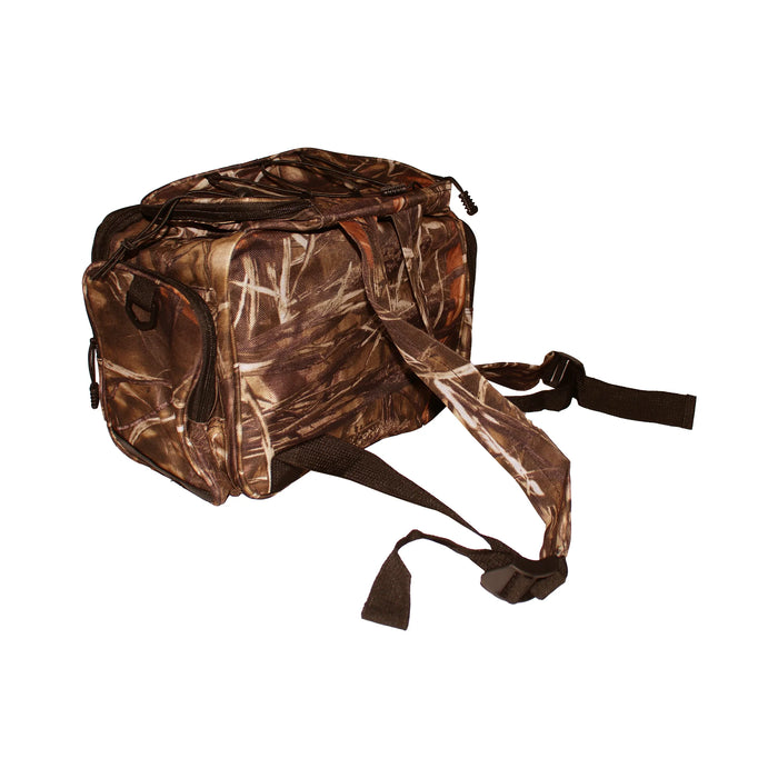 Jiggle Lure Camo Fishing Tackle Hunting Bag Backpack Back Right Angle Showing Straps