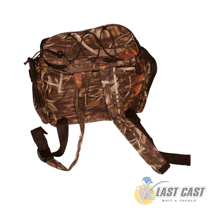 Jiggle Lure Camo Tackle Bag Backpack Back Top Right Angle Showing Straps