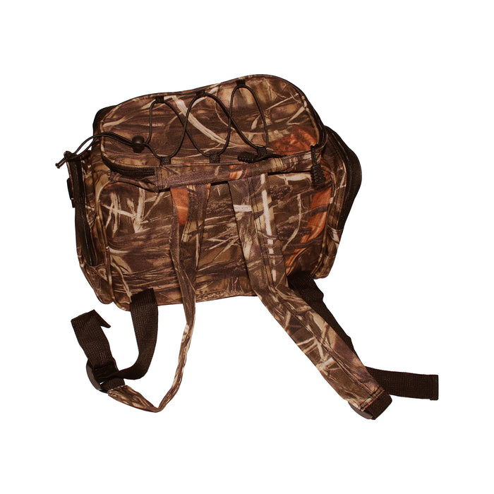 Jiggle Lure Camo Fishing Tackle Hunting Bag Backpack Back Top Right Angle Showing Straps
