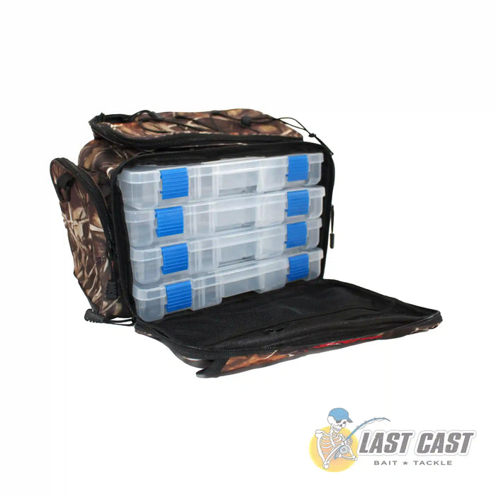 Jiggle Lure Camo Tackle Bag Backpack Front Inside Right Angle Showing 4 Boxes