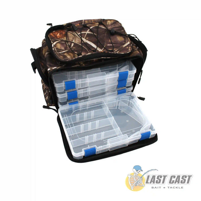 Jiggle Lure Camo Tackle Bag Backpack Front Inside Top Right Angle Showing 4 Boxes