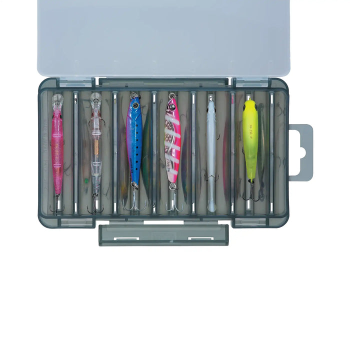 Meiho Reversible Fishing Storage Double Sided Lure And Tackle Case Plastic Container 86cm top open with lures