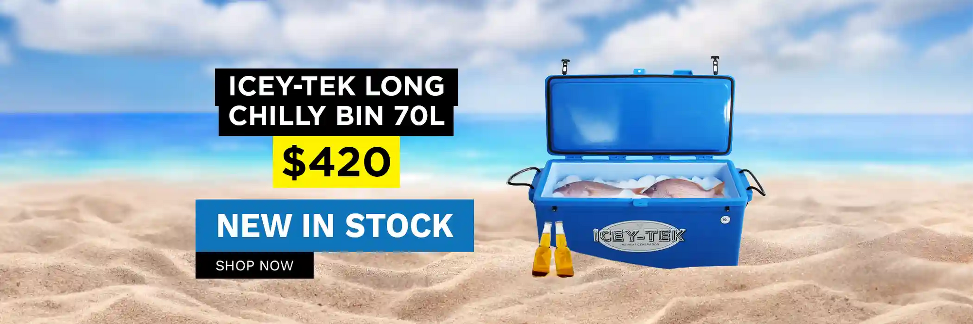 Icey-Tek Long Chilly Bin Cooler on the beach filled with Snapper and ice 