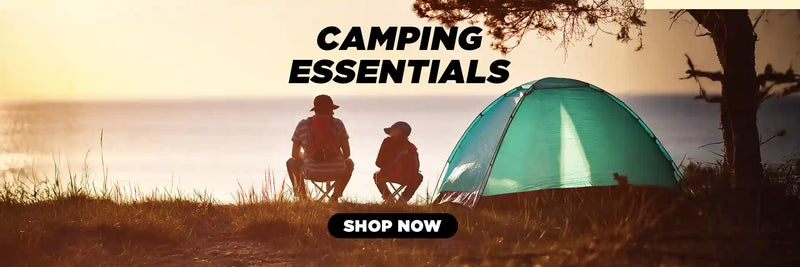 Father and son camping with outdoor gear