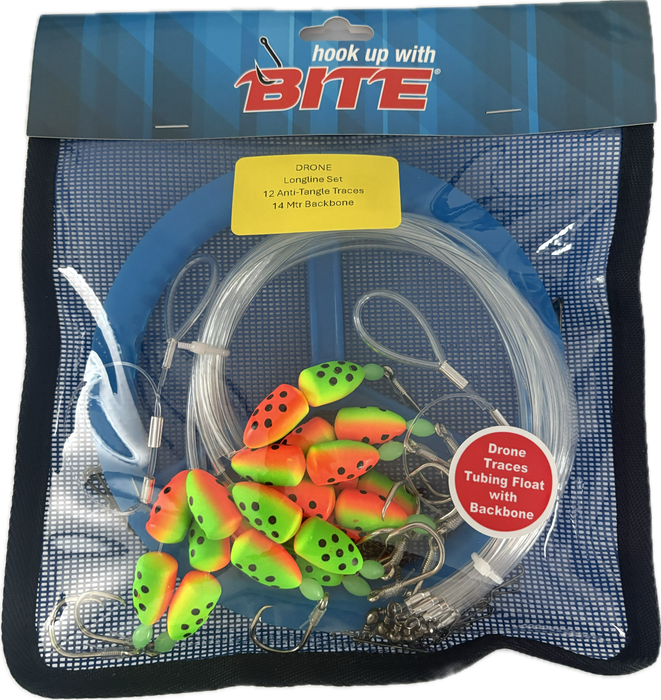 Bite Drone Longline Set Traces with Backbone and Hand Reel Standard Tubing and bullet floats in Mesh Storage Bag